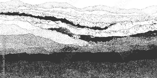 Abstract layered geological strata with dark fissure and textured hills pattern black white