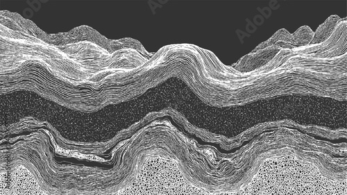 Topographic contour lines create abstract mountain landscape with textured layers topography
