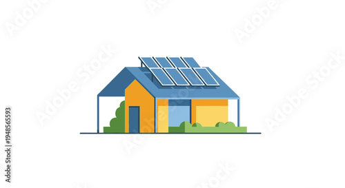 Modern Eco-Friendly House Illustration with Solar Panels on Roof - Sustainable Green Energy Concept Design
