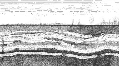 Cross section of earth layers showing geological strata and surface vegetation in black and white line
