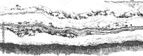 Black and white textured abstract horizontal bands with rough edges and wavy lines