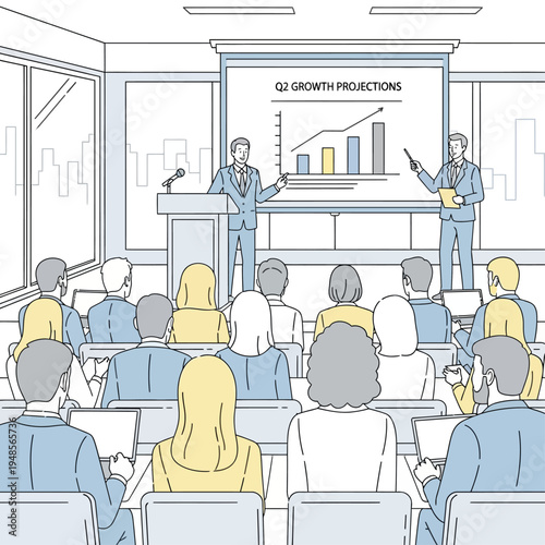 Business presentation with two speakers addressing an audience in a conference room, featuring Q2 growth projections on a screen.