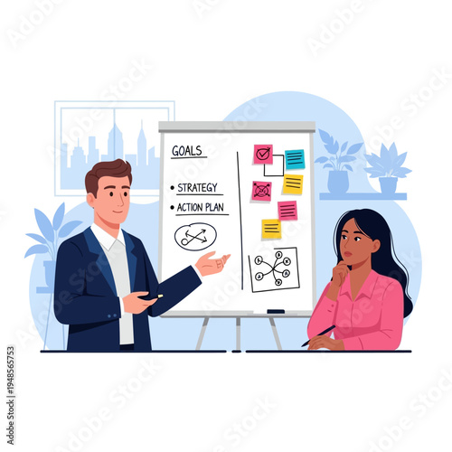 A male presenter points to a whiteboard with goals, strategy, and action plan, while a female attendee listens intently.