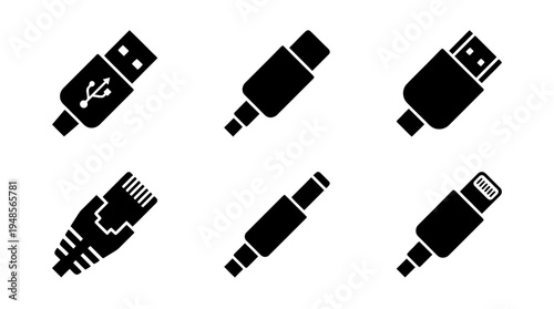 collection of cable connector, 6 filled black minimal icon vector set , white background , PNG and SVG isolate