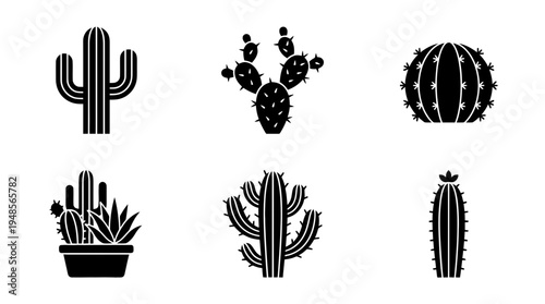 collection of cactus, 6 filled black minimal icon vector set , white background , PNG and SVG isolate