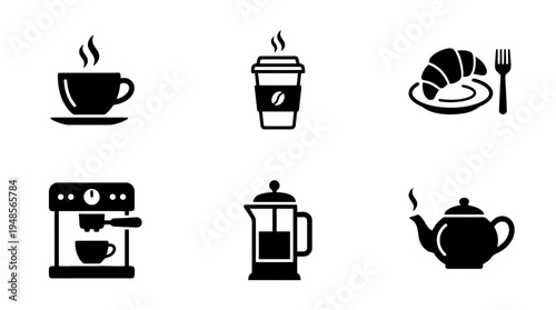 collection of cafe, 6 filled black minimal icon vector set , white background , PNG and SVG isolate