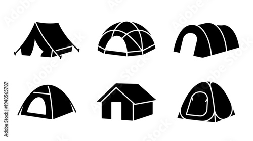 collection of camping tent, 6 filled black minimal icon vector set , white background , PNG and SVG isolate