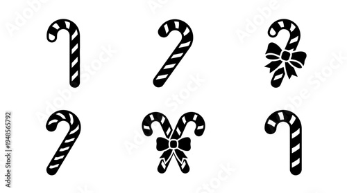 collection of candy cane, 6 filled black minimal icon vector set , white background , PNG and SVG isolate