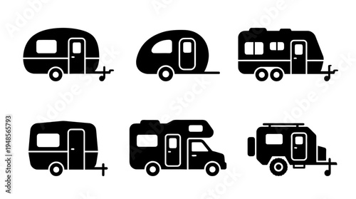 collection of caravan, 6 filled black minimal icon vector set , white background , PNG and SVG isolate