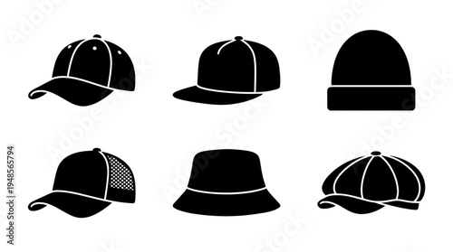 collection of cap, 6 filled black minimal icon vector set , white background , PNG and SVG isolate