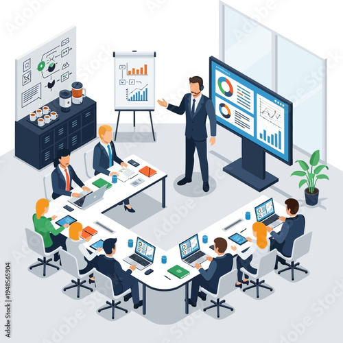 Isometric illustration of a business meeting with a presenter at a large screen and attendees around a table with laptops.