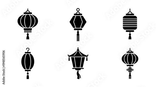collection of chinese lantern, 6 filled black minimal icon vector set , white background , PNG and SVG isolate