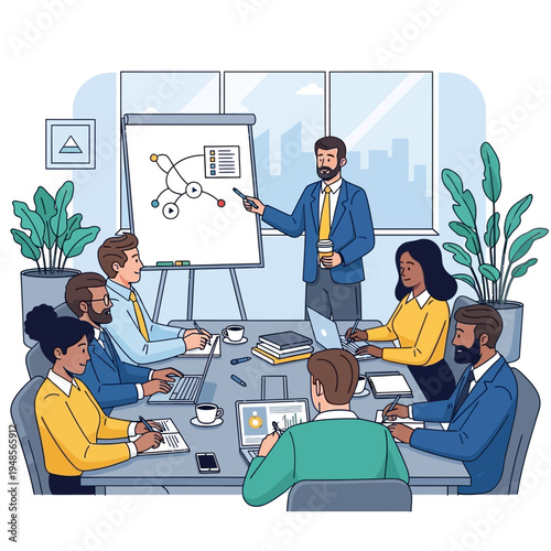 A diverse group of professionals in a modern office setting participates in a business meeting, with a presenter explaining a diagram on a whiteboard to attentive colleagues.