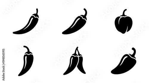 collection of chili pepper, 6 filled black minimal icon vector set , white background , PNG and SVG isolate