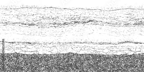 Abstract black and white textured layers with granular bottom section and cracked upper section