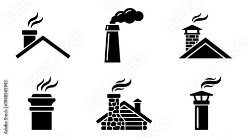 collection of chimney, 6 filled black minimal icon vector set , white background , PNG and SVG isolate