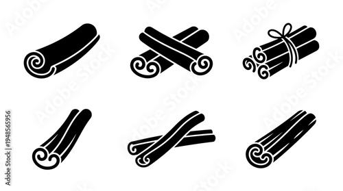 collection of cinnamon stick, 6 filled black minimal icon vector set , white background , PNG and SVG isolate