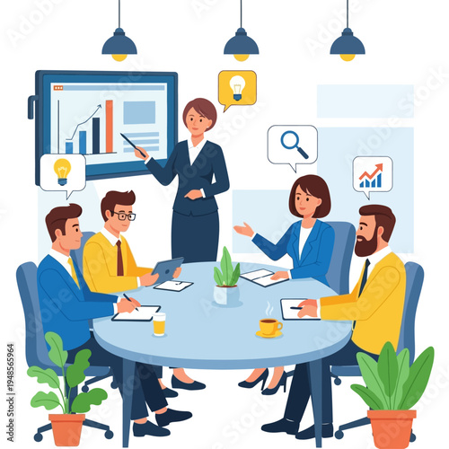 A diverse team of professionals collaborates in a modern office meeting room, discussing business growth strategies with charts and graphs displayed on a large screen.