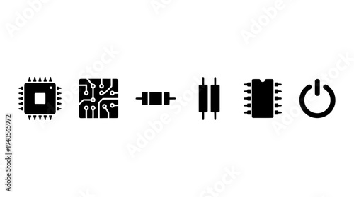 collection of circuit board, 6 filled black minimal icon vector set , white background , PNG and SVG isolate