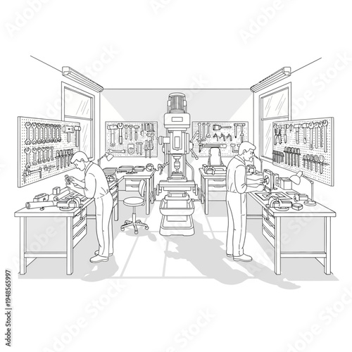 A detailed illustration of a workshop with two workers, various tools, and machinery, showcasing a busy industrial environment.
