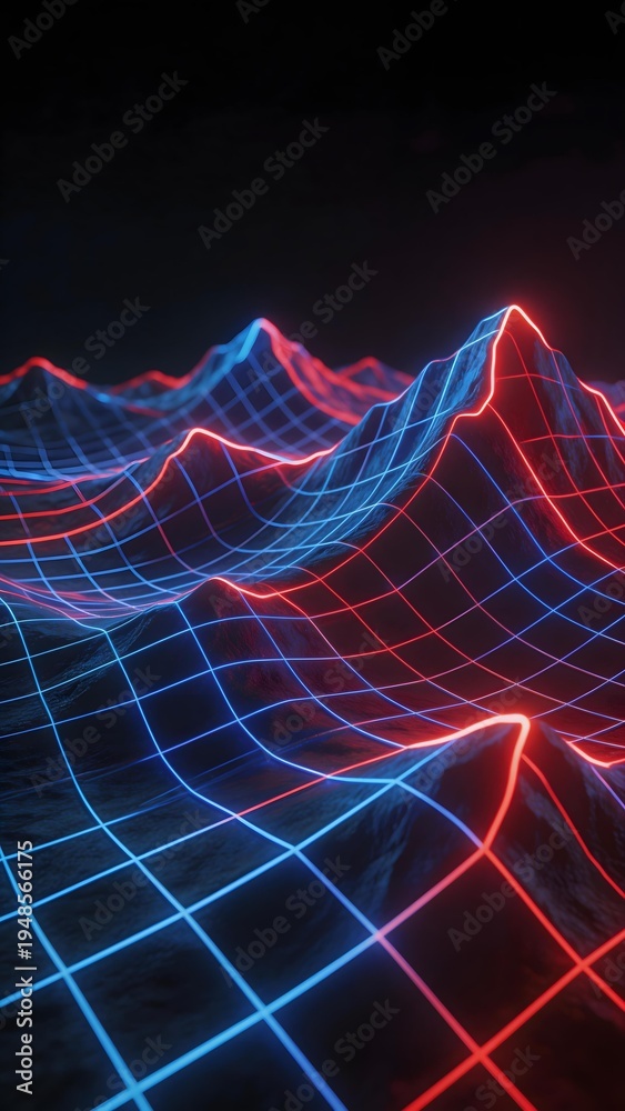 Naklejka premium Neon grid landscape with blue and red glowing lines forming undulating terrain