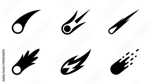 collection of comet, 6 filled black minimal icon vector set , white background , PNG and SVG isolate