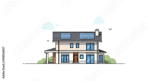 Modern Eco-Friendly House with Solar Panels on Roof Illustration - Sustainable Green Energy Home Design