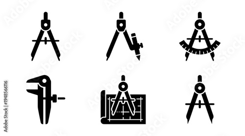 collection of compass divider, 6 filled black minimal icon vector set , white background , PNG and SVG isolate