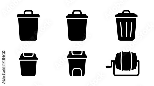 collection of compost bin, 6 filled black minimal icon vector set , white background , PNG and SVG isolate
