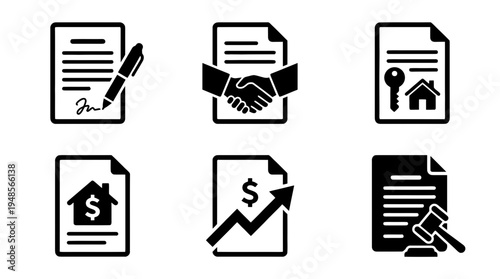 collection of contract document, 6 filled black minimal icon vector set , white background , PNG and SVG isolate