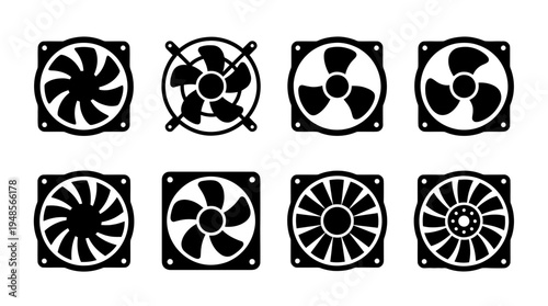collection of cooling fan, 6 filled black minimal icon vector set , white background , PNG and SVG isolate
