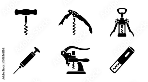 collection of corkscrew, 6 filled black minimal icon vector set , white background , PNG and SVG isolate
