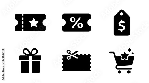 collection of coupon, 6 filled black minimal icon vector set , white background , PNG and SVG isolate