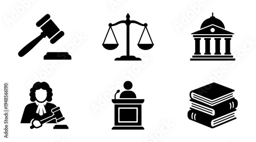 collection of courthouse, 6 filled black minimal icon vector set , white background , PNG and SVG isolate