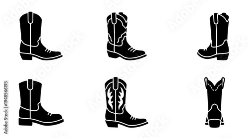 collection of cowboy boots, 6 filled black minimal icon vector set , white background , PNG and SVG isolate