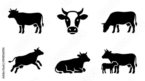 collection of cow, 6 filled black minimal icon vector set , white background , PNG and SVG isolate