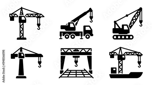 collection of crane tower, 6 filled black minimal icon vector set , white background , PNG and SVG isolate
