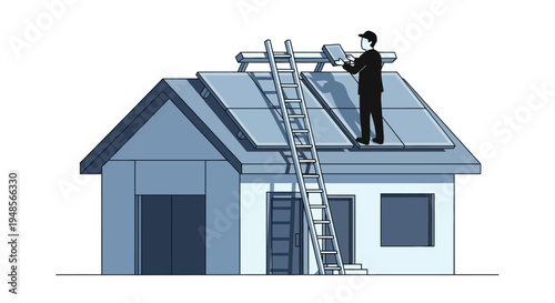 Solar panel installation on a house roof with technician and ladder, flat vector illustration of renewable energy and green home improvement