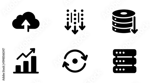 collection of digital data, 6 filled black minimal icon vector set , white background , PNG and SVG isolate