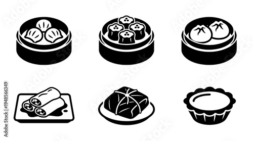 collection of dim sum, 6 filled black minimal icon vector set , white background , PNG and SVG isolate