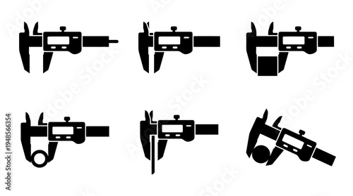 collection of digital caliper, 6 filled black minimal icon vector set , white background , PNG and SVG isolate