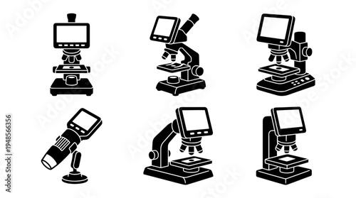 collection of digital microscope, 6 filled black minimal icon vector set , white background , PNG and SVG isolate