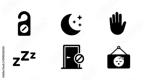collection of do not disturb sign, 6 filled black minimal icon vector set , white background , PNG and SVG isolate