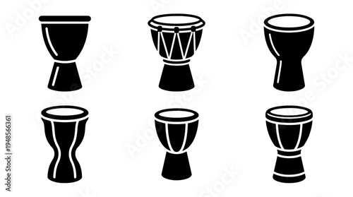 collection of djembe drum, 6 filled black minimal icon vector set , white background , PNG and SVG isolate