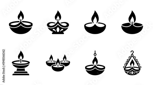collection of diwali lamp, 6 filled black minimal icon vector set , white background , PNG and SVG isolate
