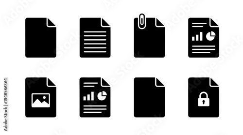 collection of document file, 6 filled black minimal icon vector set , white background , PNG and SVG isolate