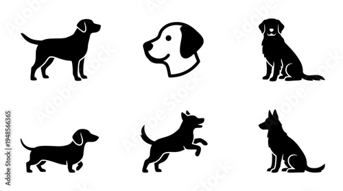 collection of dog, 6 filled black minimal icon vector set , white background , PNG and SVG isolate