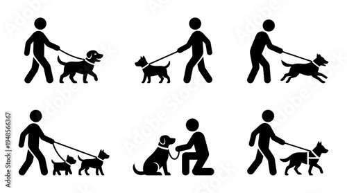 collection of dog walking, 6 filled black minimal icon vector set , white background , PNG and SVG isolate