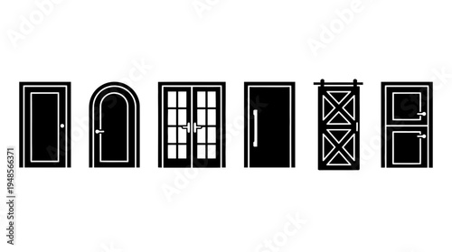 collection of doorway, 6 filled black minimal icon vector set , white background , PNG and SVG isolate