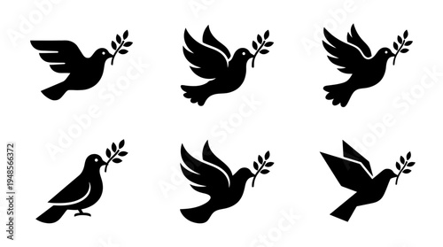 collection of dove of peace, 6 filled black minimal icon vector set , white background , PNG and SVG isolate